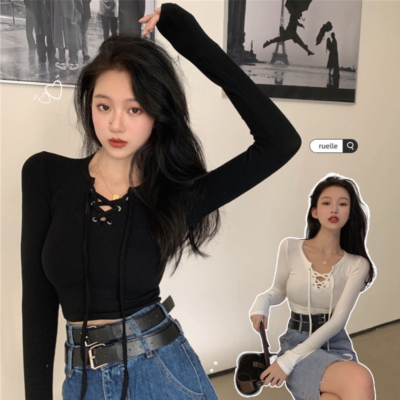 Áo Thun Tay Dài Cổ Chữ V Thiết Kế Thắt Dây Eo Xinh Xắn