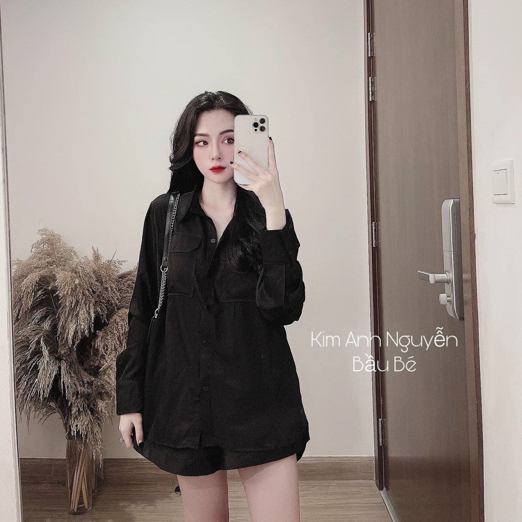 Áo sơ mi nữ tay dài phối túi hộp chất kate form rộng cực năng động