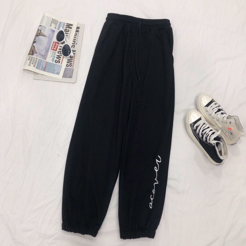 Quần Jogger Nỉ thêu ACOVER Jem Closet Nữ dài ống rộng có bo Simple ulzzang