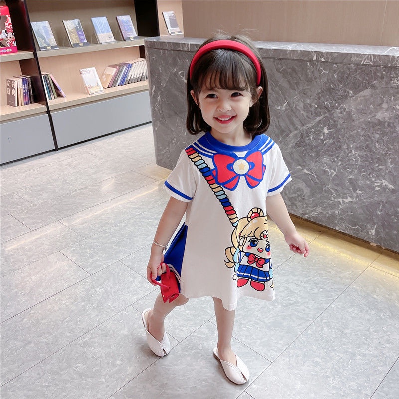 Đầm ngắn tay in hình hoạt hình phong cách Hàn Quốc thời trang hè dễ thương cho nữ