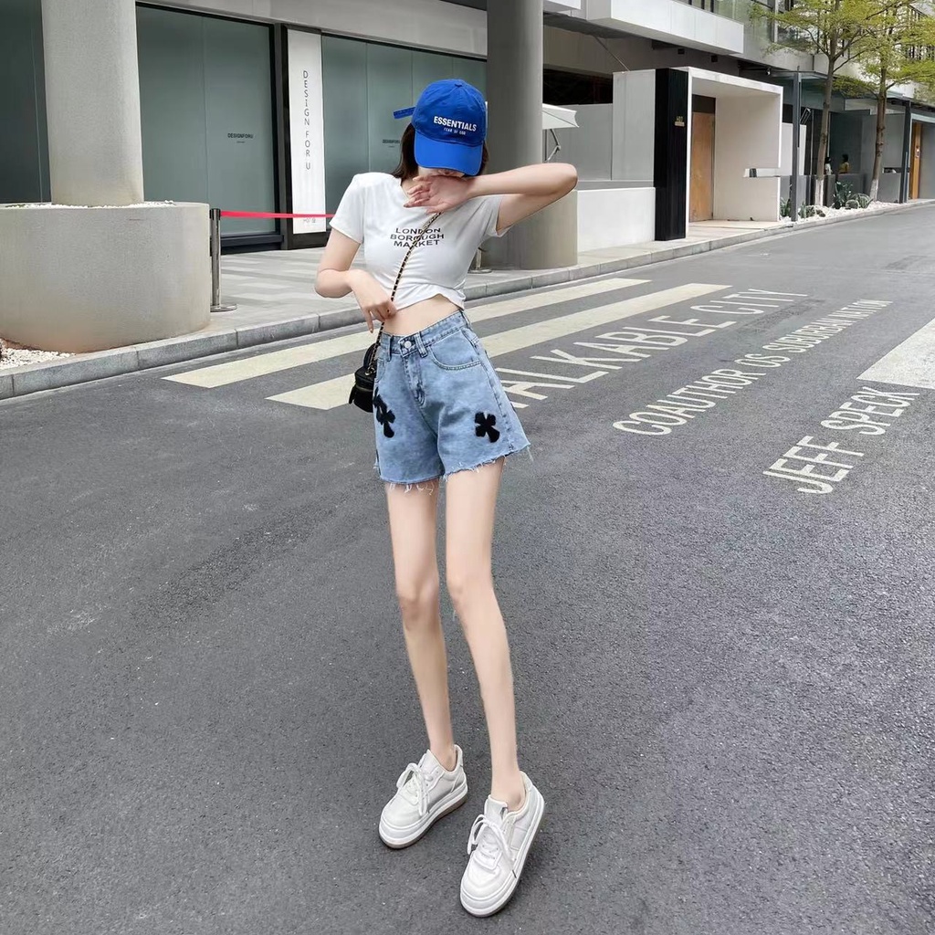 Quần Short Jeans Lưng Cao Ống Rộng In Họa Tiết Retro Thời Trang Cho Nữ