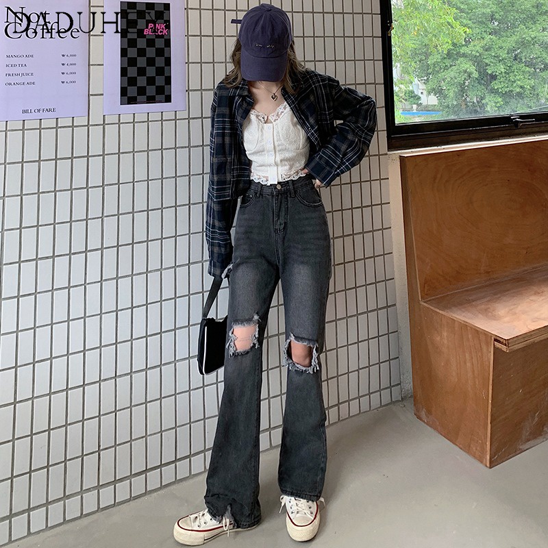 Quần jean nữ Daduhey dáng ôm vừa ống suông cạp cao retro thiết kế rách độc đáo dễ phối đồ thời trang mới mùa hè