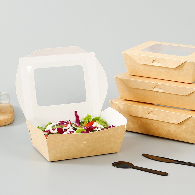 Combo 50 Hộp Giấy Chữ Nhât W Giấy Kraft nắp gập có mặt kính trong đựng salad, thức ăn các loại - T2Ecogreen