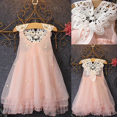 ❤XZQ-Baby Girls Princess Party Dress Pearl Lace Flower Casual Dress Sundress 2-8Y