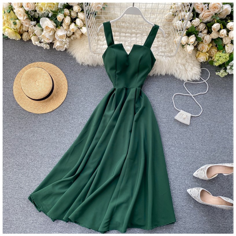 Đầm 2 Dây Xòe Dáng Dài Cổ V LSEOUL V1081 Chất Dày Dặn Ngọt Ngào Nữ Tính