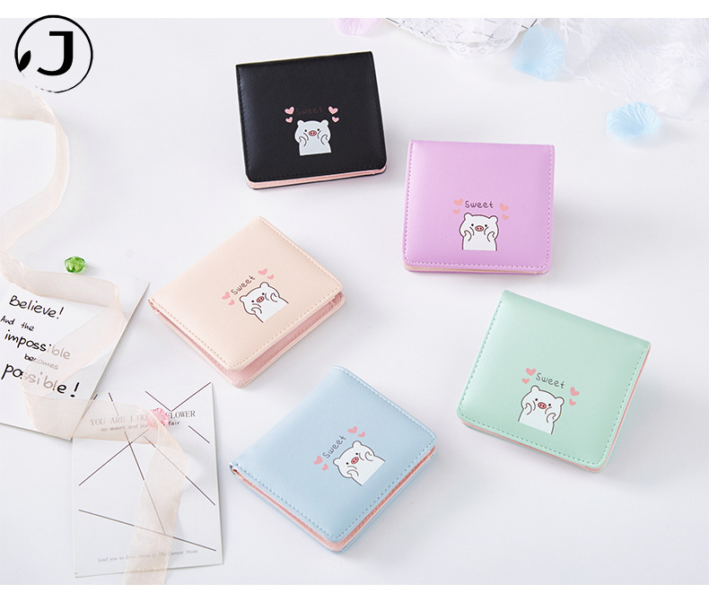 KAITIFEI Ví Ngắn Dạng Gập Thiết Kế Nhiều Ngăn Họa Tiết Chú Lợn Thời Trang Cho Nữ