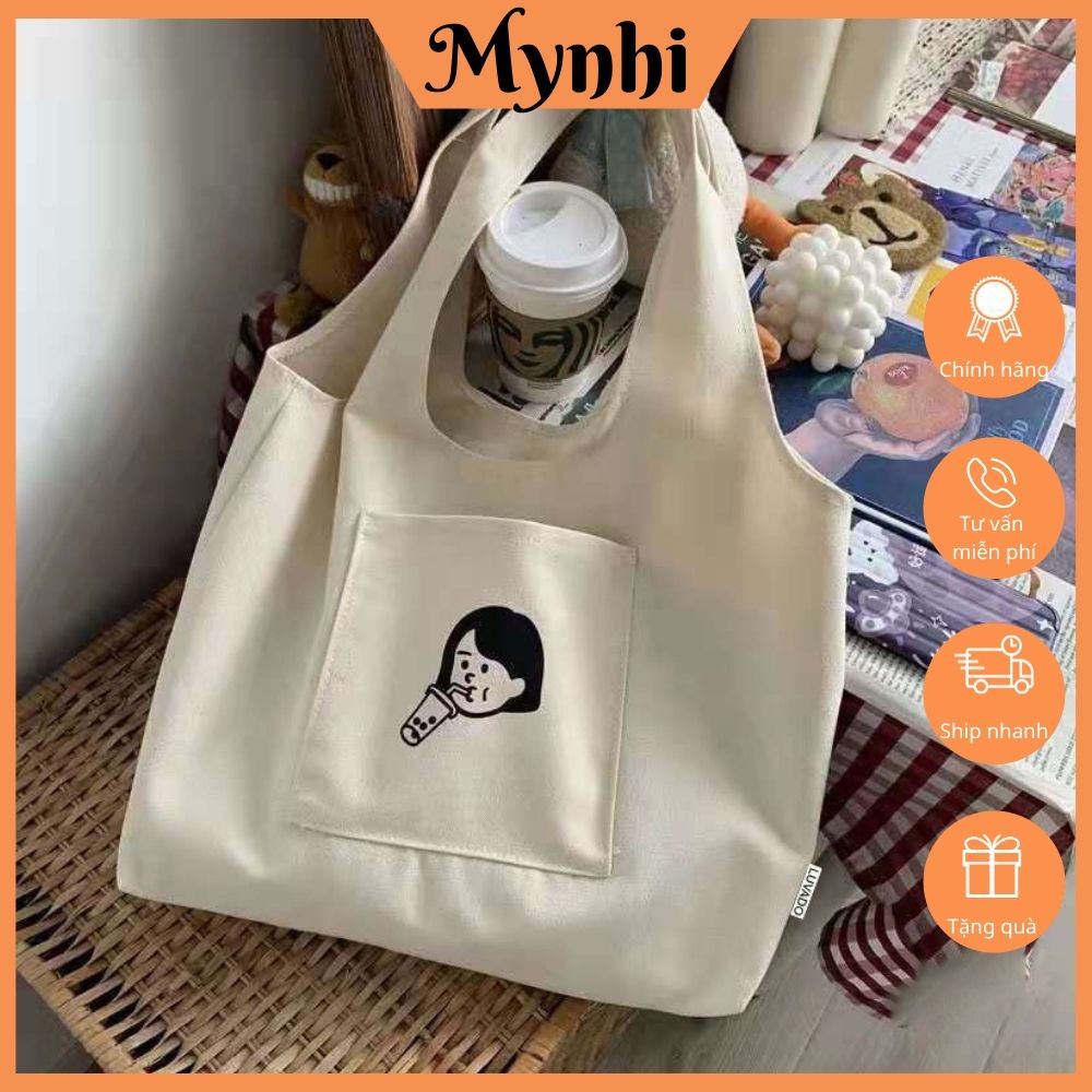Túi tote, túi vải canvas giá rẻ thời trang đeo vai liền thân có ngăn ngoài in hoạ tiết SMN250