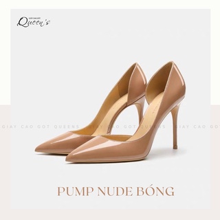 Giày Cao Gót Mũi Nhọn Nữ Màu Nude Da Bóng Hở Eo Nữ Tính Cho Nữ Công Sở Dự Tiệc, Giày Cao Gót Cao Cấp Cao 9-11 Phân