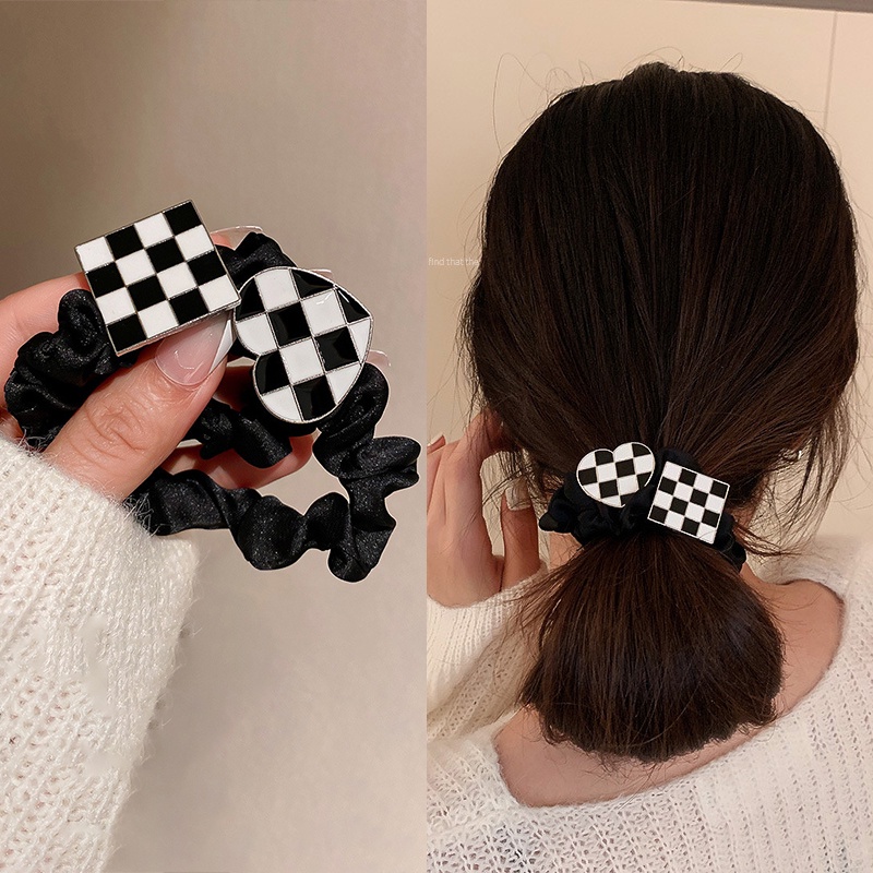 Dây cột tóc 17KM mặt hình vuông/trí tim hoạ tiết kẻ sọc đen đơn giản phụ kiện tóc xinh xắn cho nữ