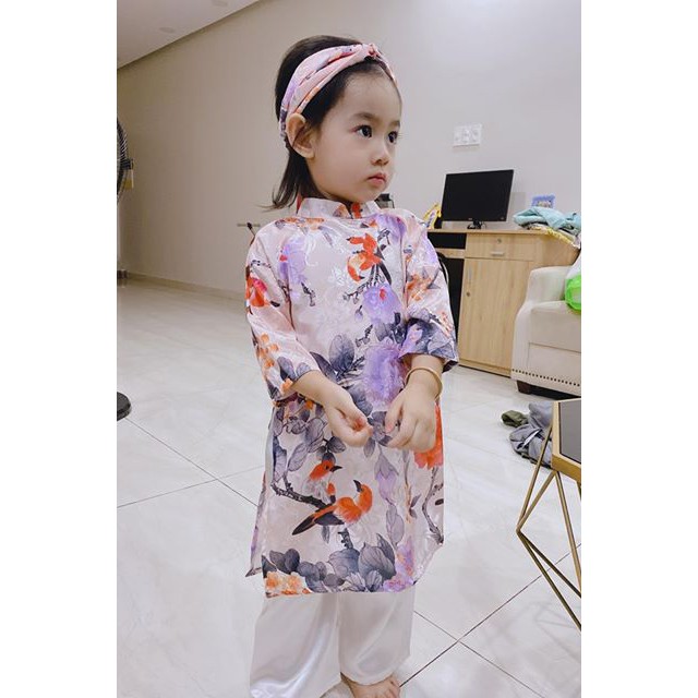 Set Áo Dài Bé Gái Gấm Họa Tiết Dân Gian