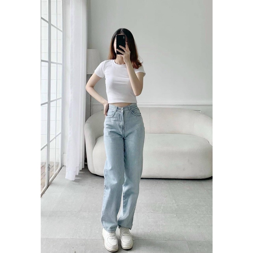 Quần jean ống rộng cạp cao CiCi, Quần bò dáng suông nữ trơn ulzzang cao cấp - CiCi Jeans