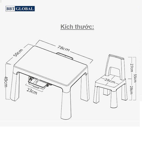 Bàn ghế trẻ em BBT Global cao cấp BB100, nhựa nguyên sinh cao cấp, dày dặn, phù hợp cho bé 2-10t, điều chỉnh được độ cao