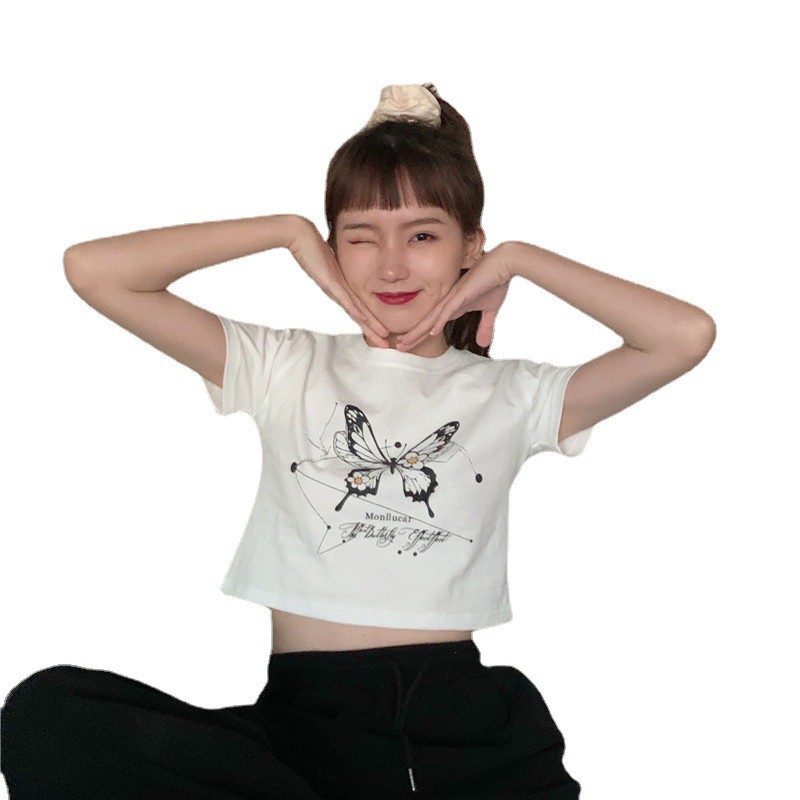 Áo crotop ngắn in họa tiết hình con bướm cute, áo crotop chất cottong co dãn mềm mịn