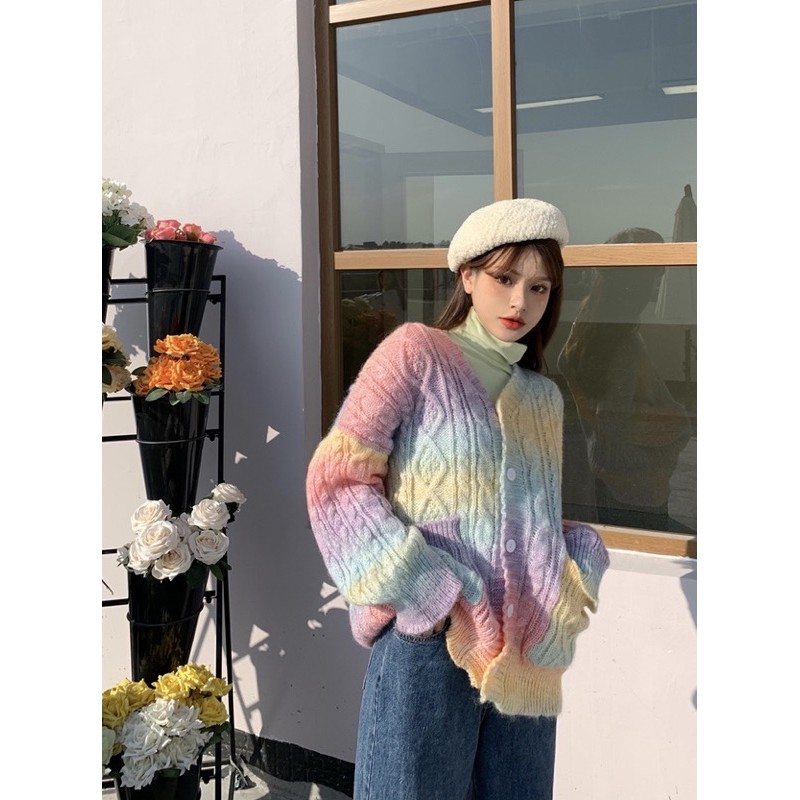 Áo khoác len màu cầu vồng Rainbow cardigan phiên bản dài phong cách ulzzang | BigBuy360 - bigbuy360.vn