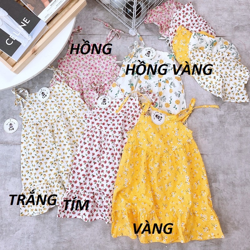 Váy 2 dây bé gái thô hoa nhí kèm mũ đội size đại 14-26kg XHN1010