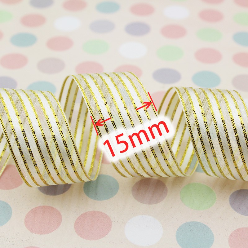 Cuộn Dây Ruy Băng 15mm (25 yards) Họa Tiết Sọc Trắng Vàng Chất Lượng Cao Dùng Gói Quà Cưới