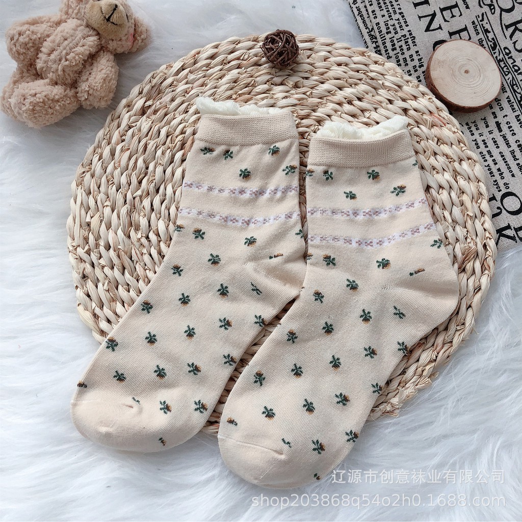 Vớ cổ cao nữ In hình Họa tiết Họa hình Cotton Ulzzang Hàn Quốc Tất cổ cao nữ Thu Đông Dễ thương Nhật Bản