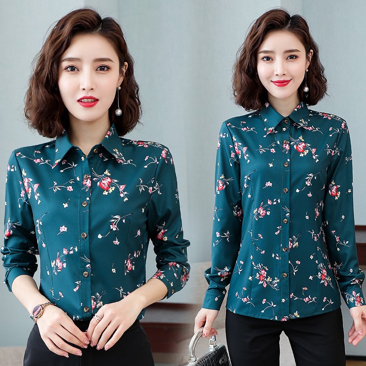 Áo sơ mi nữ thời trang xuân thu, áo sơ mi voan hoạ tiết hoa lá phong cách Hàn Quốc SM15