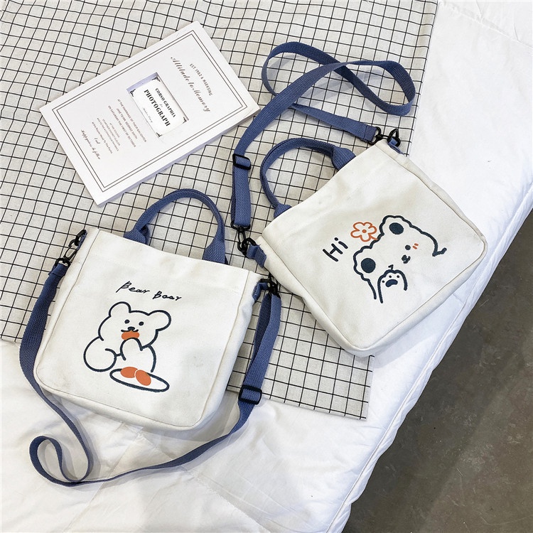 Túi Tote, Túi Vải Canvas Đeo Chéo Họa Tiết Gấu Dễ Thương Đi Chơi Du Lịch Phiên Bản Hàn Quốc