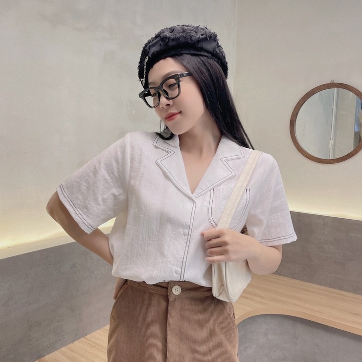 Áo sơ mi nữ tay ngắn FM Style form rộng vải cotton cao cấp họa tiết chỉ nổi ulzzang mang đi học đi làm 220323405