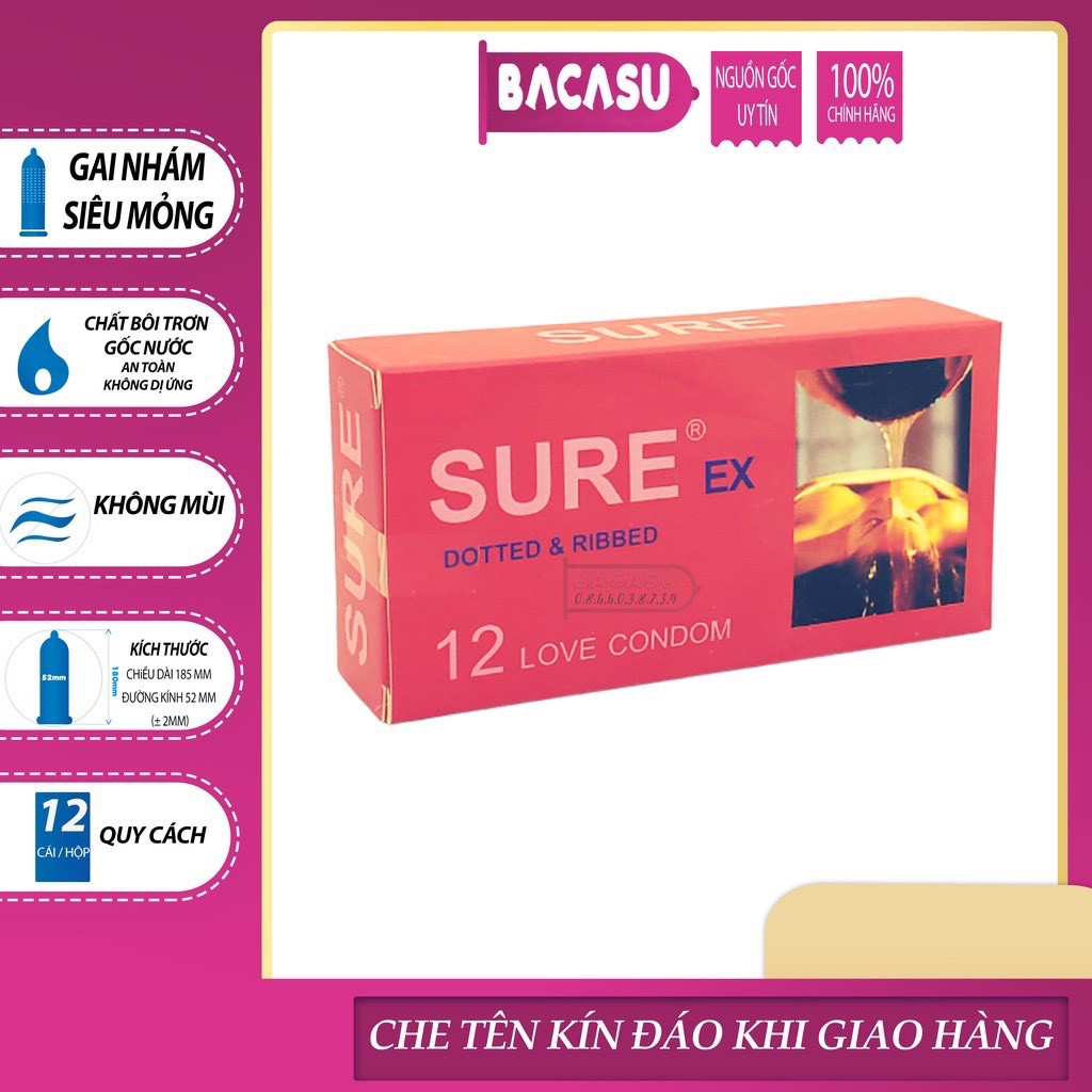 Bao cao su Sure Ex đỏ chính hãng, bề mặt nhám tạo cảm xúc mãnh liệt, kéo dài thời gian yêu, hộp 12 bcs