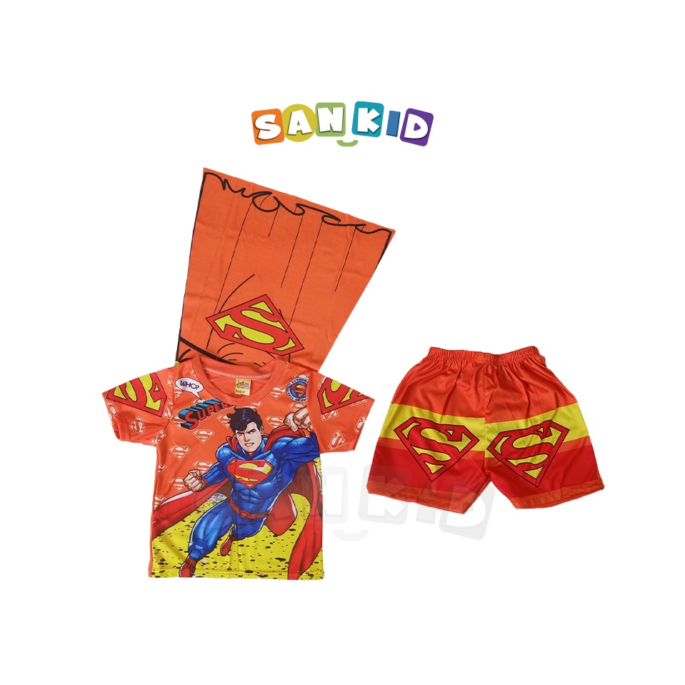 Bộ tay ngắn Superman có áo choàng cho bé cực ngầu, bộ đồ siêu nhân cho bé thời trang sankid