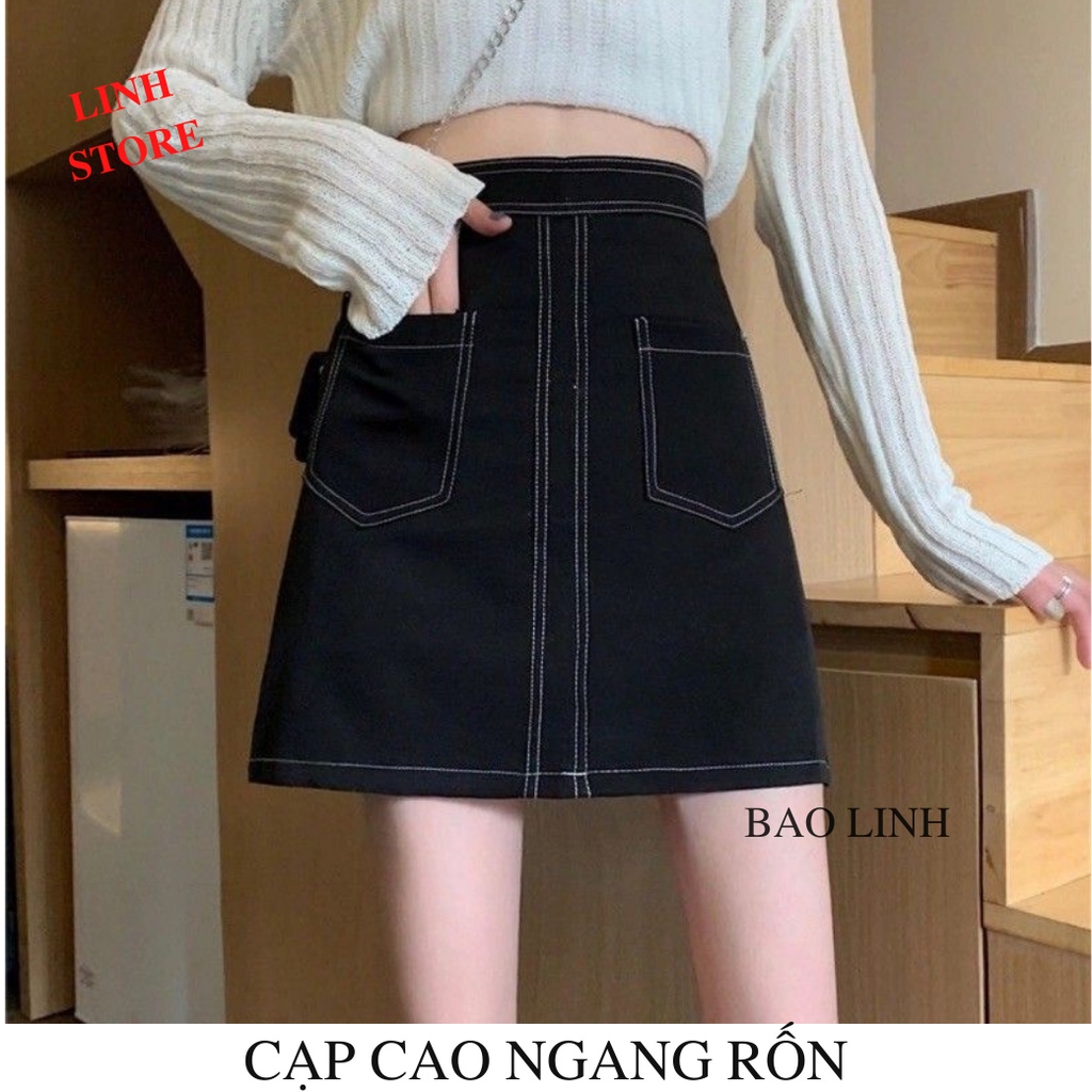 Chân Váy Công sở chữ A LINH STORE Lưng Cao Viền Chỉ Nổi Phối 2 Túi Có Lót Trong Chống Lộ