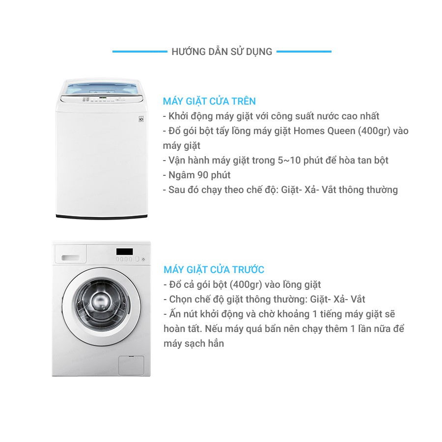 Bột tẩy lồng máy giặt Homes Queen Hàn Quốc, chỉ 1 gói 400gr làm sạch nấm mốc trong máy giặt cửa ngang, cửa trước