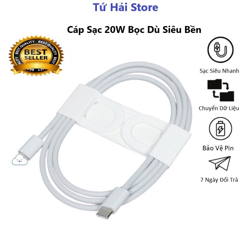 Dây Sạc Type C 20w Bọc Dù Full Box , cáp sạc nhanh 20w - Hỗ Trợ Sạc Siêu Nhanh - Dùng Cho Các Máy từ ip6 đến 13Prm