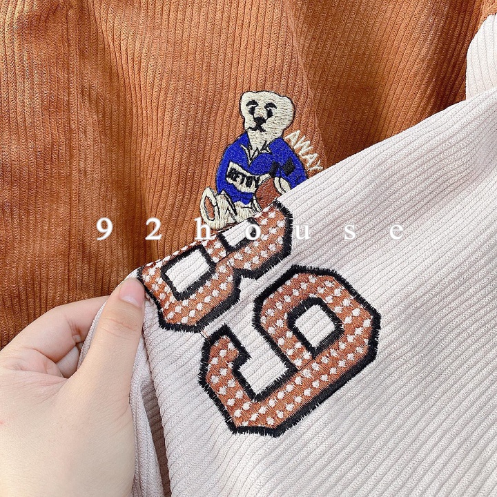 Áo khoác bomber unisex thêu gấu teddy / Áo khoác nam nữ nhung tăm thêu gấu bóng chày cá tính