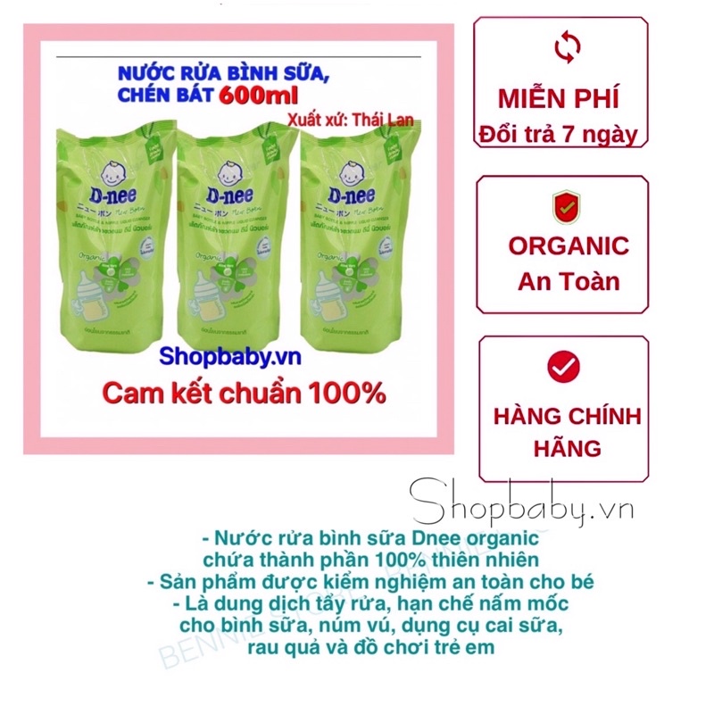 Combo 3 túi nước rửa bình sữa và rau củ Dnee 600ml date mới