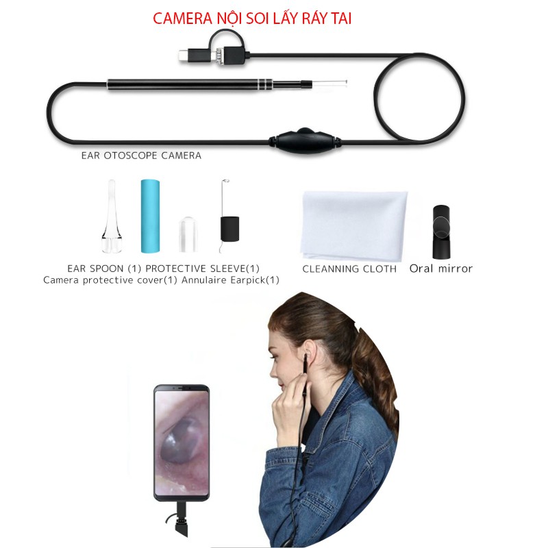 Camera Nội Soi Tai Kèm Đầu Lấy Ráy Tai - Đầu Camera 5.5mm Nhỏ, 6 Bóng Led Làm Sạch Tai Dễ Dàng