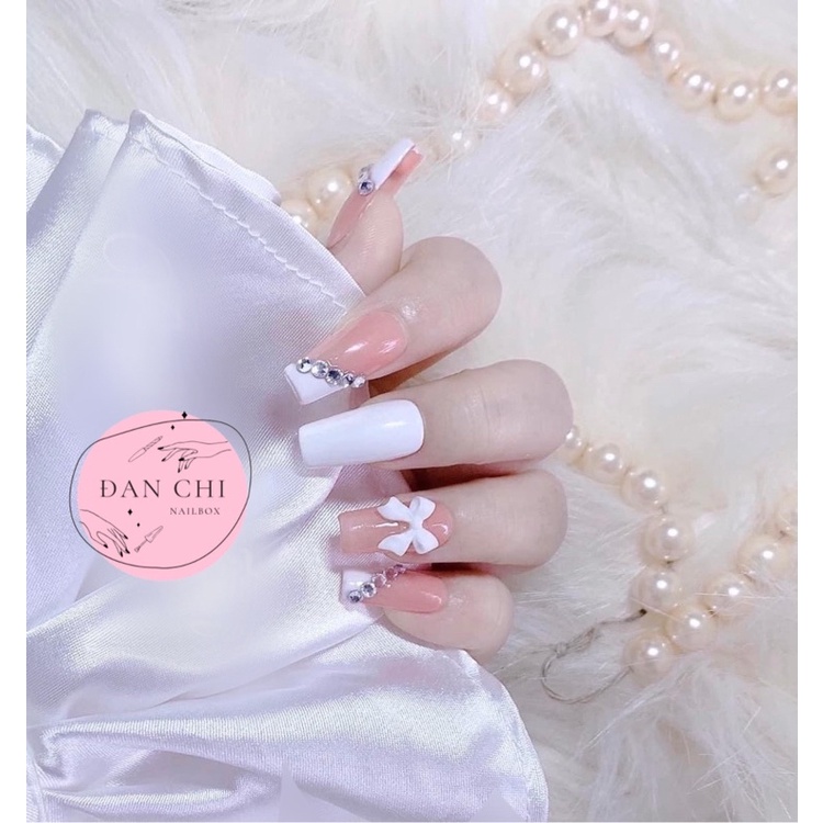 NailBox móng úp thiết kế sẵn Mẫu Hồng Charm Nơ Trắng