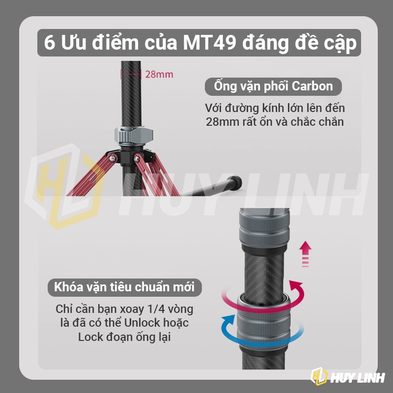 Ulanzi MT49 Tripod chuyên nghiệp Full Carbon - Chiều cao tối đa 2M gắn Đèn, Camera