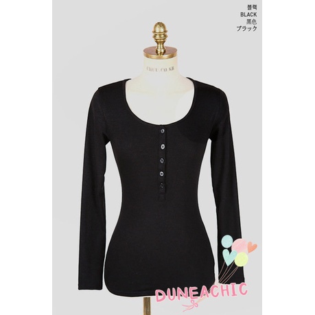 DUNEA Áo Thun Tay Dài Cổ Tròn Phối Hàng Nút Kiểu Dáng Quyến Rũ