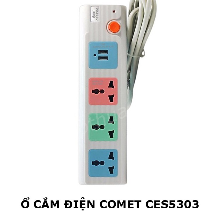 Ổ cắm điện Comet CES5303 - 3 ổ cắm 3 chấu, 2 cổng USB, dây dài 3 mét, công suất 2500w