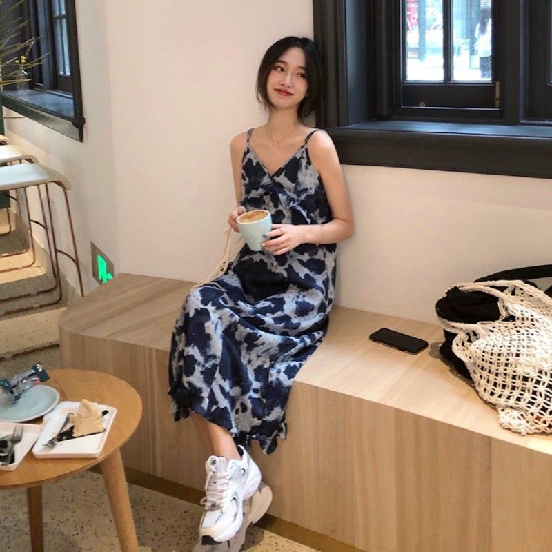 (ORDER) Váy hai dây mùa hè suông dài họa tiết loang màu xanh bò sữa nhún bèo style retro Hàn Quốc - Có ảnh thật