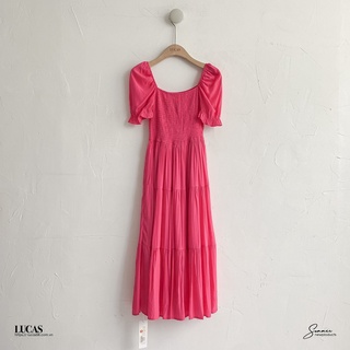 Váy hồng cổ vuông tay cộc thân a dài basic