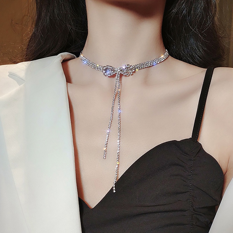 Vòng Cổ Choker Dáng Dài Mặt Nơ Đính Đá Pha Lê Sang Trọng Cho Nữ