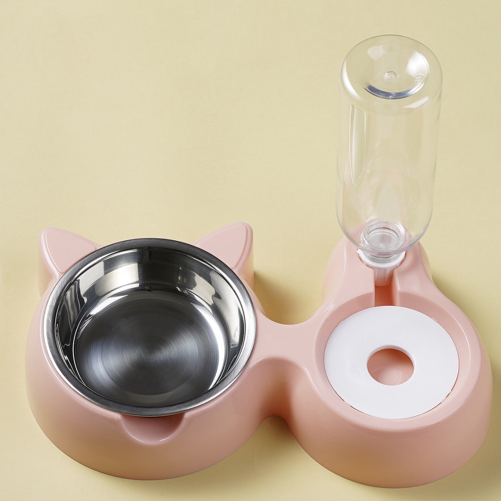 Bát ăn cho chó mèo thú cưng hai ngăn đôi có bát inox khay bình nước tự động hình tai mèo