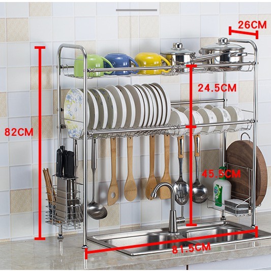 【𝟖𝟎𝐜𝐦】 Kệ Chén Bát Inox 304 Thông Minh 2 Tầng VANDO (Kèm giá đựng dao thìa đũa, kệ để thớt, khay đựng nước rửa bát)