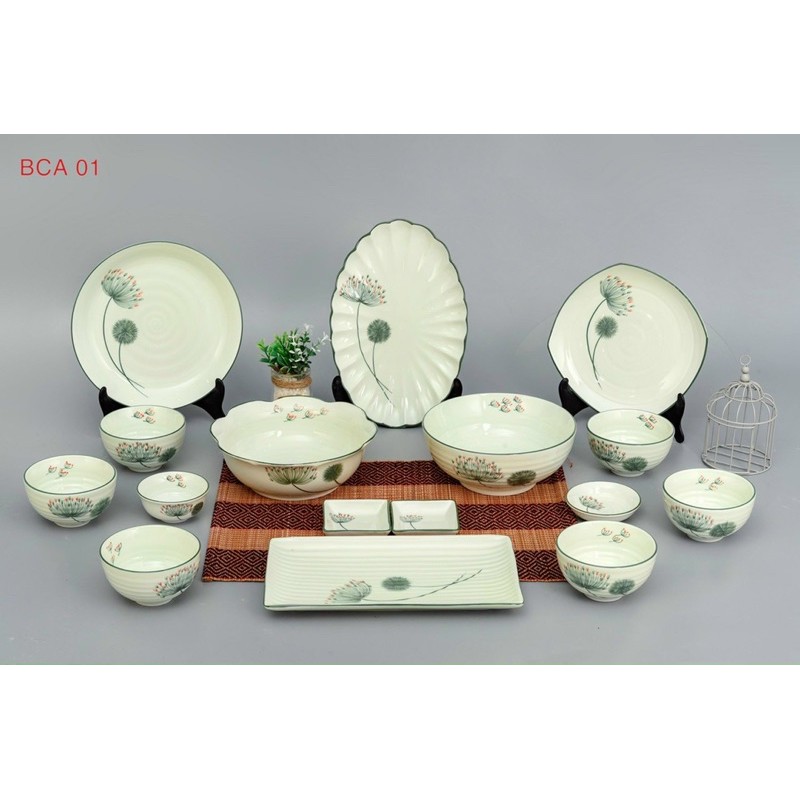 Bộ bát đĩa men kem, họa tiết hoa Bồ công anh vẽ thủ công. Gốm sứ Bát Tràng.