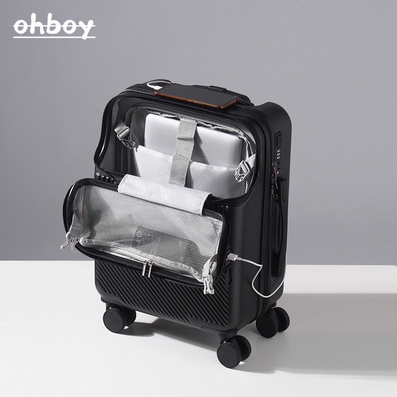 Sẵn trắng 20- Vali du lịch đa năng Ohboy - có ngăn phụ, ổ sạc, đa năng size 20-26 - Cáo đeo nơ