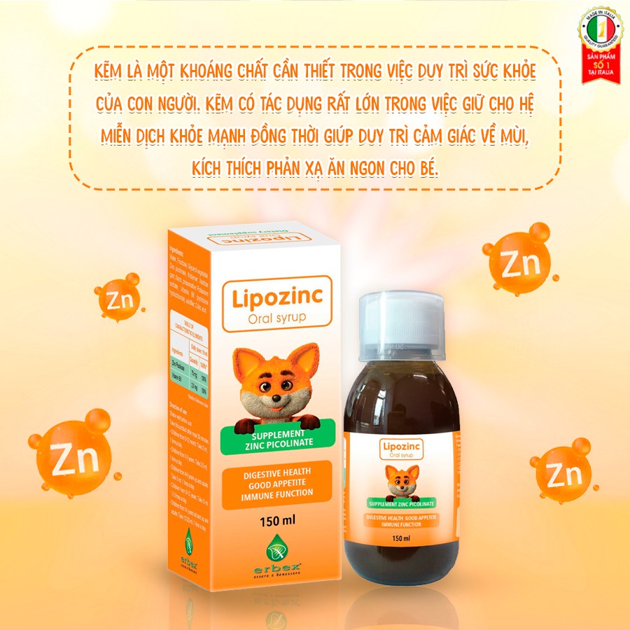 Siro Lipozinc oral syrup bổ sung kẽm giúp bé ăn ngon hỗ trợ tăng đề kháng Lọ 150ml