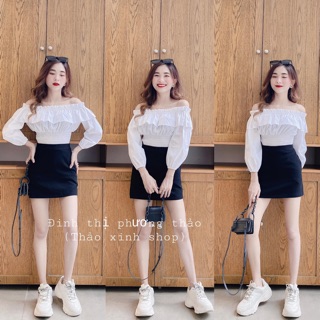 Set áo trắng trễ vai mix chân váy