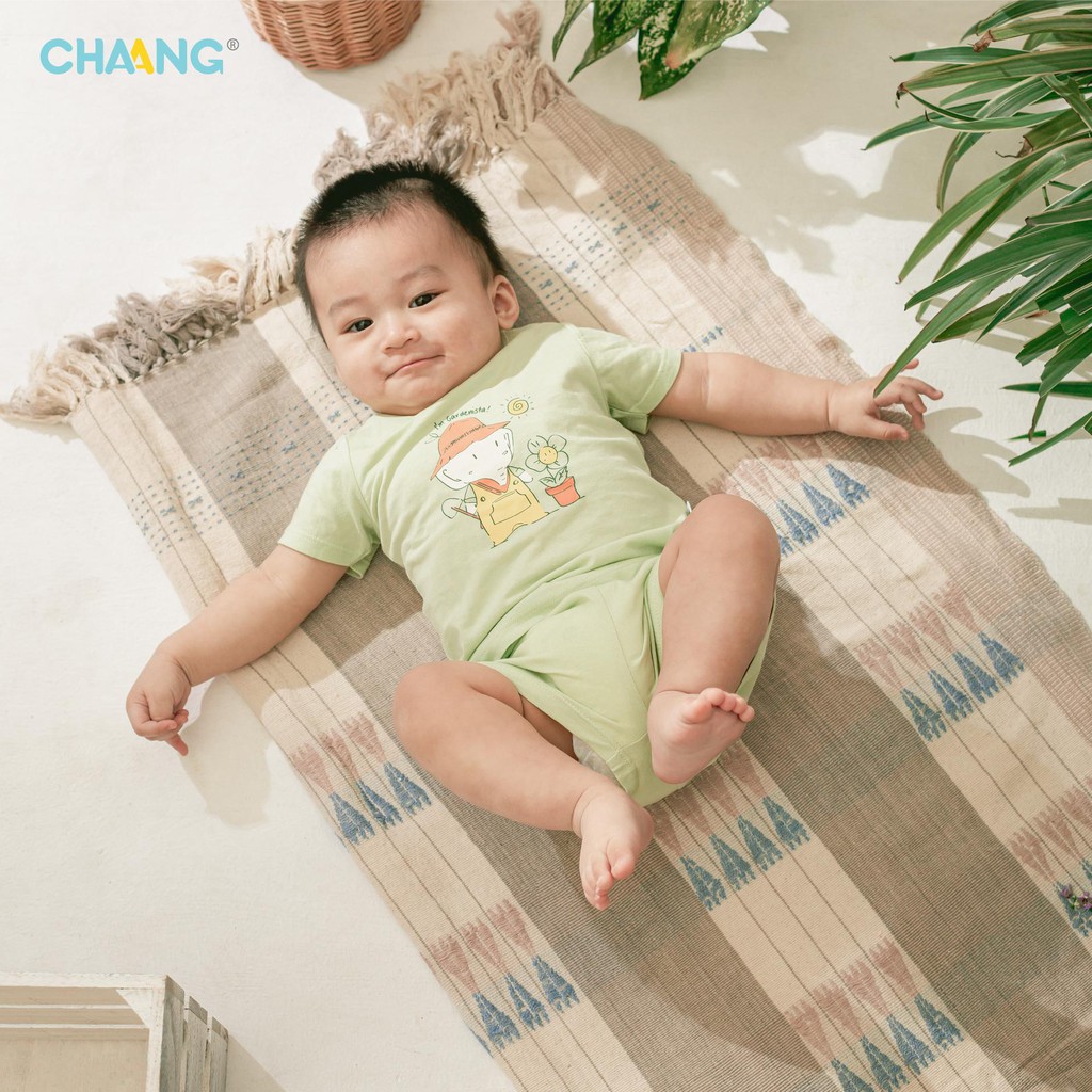 Bộ quần áo cộc cúc vai garden xanh lá CHAANG