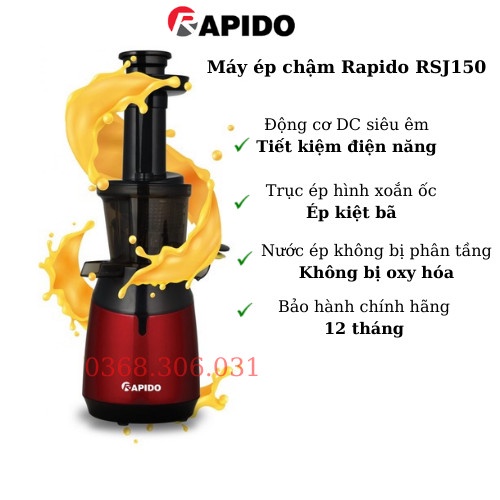 Máy ép chậm trái cây Rapido RSJ150 - Ép hoa quả, ép rau củ, kiệt bã, công nghệ Đức - Bảo hành 12 tháng