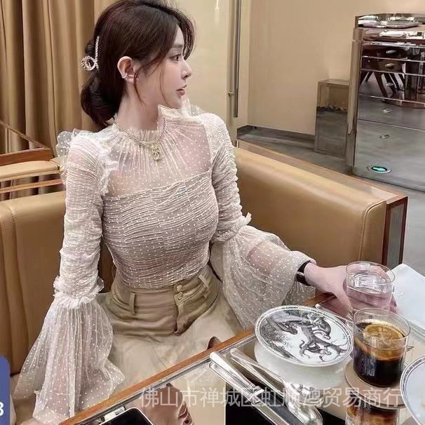 Áo Kiểu Xếp Ly Tay Loe Ngắn Vải Lưới Chấm Bi Phong Cách Hàn Quốc 2022 Thời Trang Cho Nữ