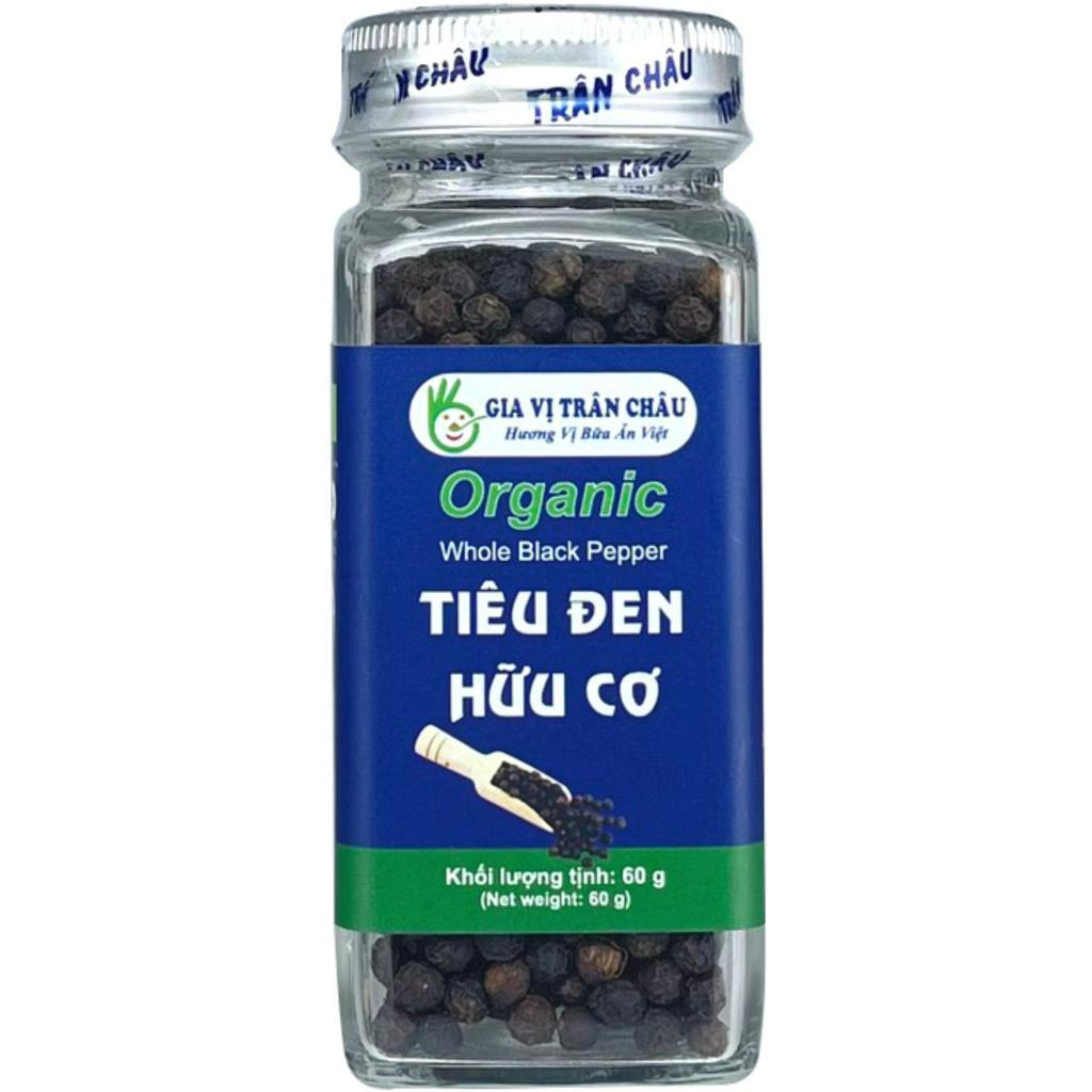 Tiêu đen nguyên hạt hữu cơ Trân Châu hũ 60g, 100% nguyên liệu sạch tự nhiên, hạt tuyển chọn, không tẩy rửa.