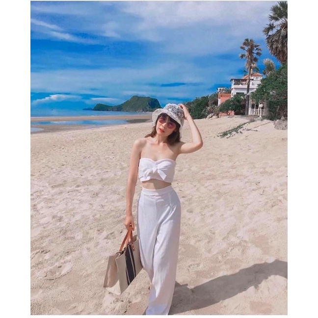 SET ÁO ỐNG NƠ NGỰC CROPTOP + QUẦN SUÔNG